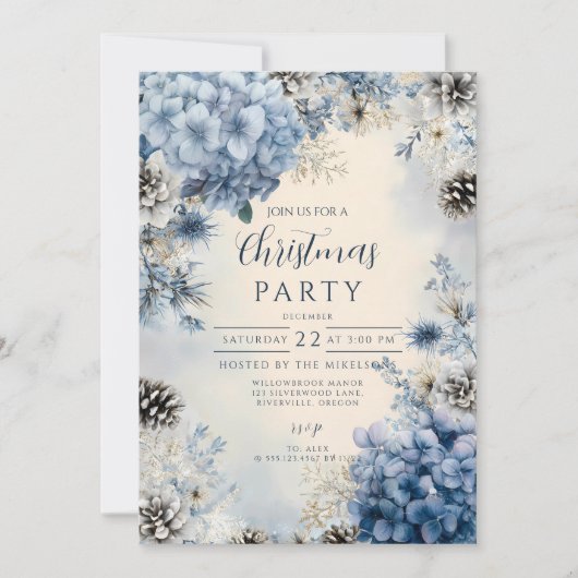 クリスマスフロステッドブルー緑 招待状 (正面)