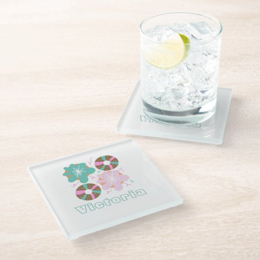 クリスマスフロストドナッツピンクのドードル ガラスコースター (アングル)