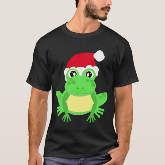 クリスマスフロッグサンタハットノベルティおもしろいブラック Tシャツ (正面)