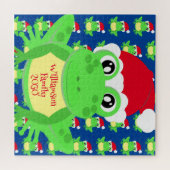 クリスマスフロッグサンタハットパターンブルーノベルティ ジグソーパズル (横)