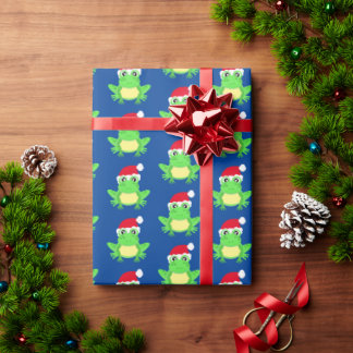 クリスマスフロッグサンタハットパターンブルーノベルティ ラッピングペーパー