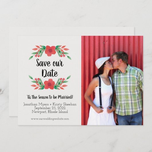 クリスマスフローラの休日の日付を保存する写真カード セーブザデート (正面/裏面)