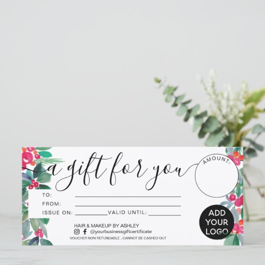 クリスマスフローラの水の色のギフト証明書のロゴ (スタンド正面)