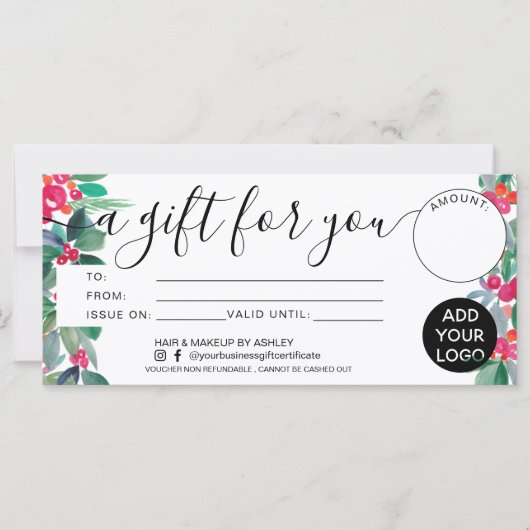 クリスマスフローラの水の色のギフト証明書のロゴ (正面)