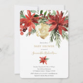 クリスマスフローラの爆発的な金ゴールドアイボリーのベビーシャワー 招待状 (正面)