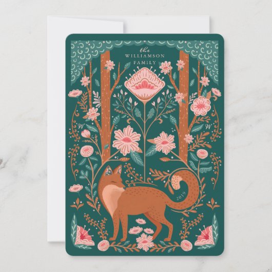 クリスマスフローラウッドランドキツネフォークアートグリーン シーズンカード (正面)