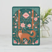 クリスマスフローラウッドランドキツネフォークアートグリーン シーズンカード (スタンド正面)