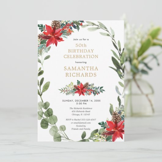 クリスマスフローラエレガントの水彩の誕生日パーティー 招待状 (スタンド正面)