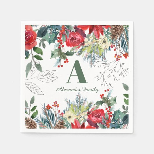 クリスマスフローラエレガントファミリーモノグラムの緑 スタンダードカクテルナプキン (正面)