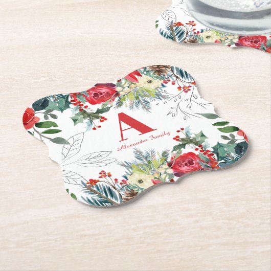 クリスマスフローラエレガントファミリーモノグラムの赤 ペーパーコースター (アングル)
