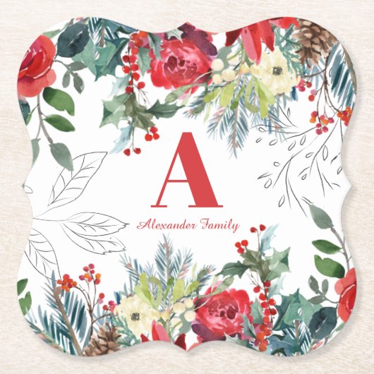 クリスマスフローラエレガントファミリーモノグラムの赤 ペーパーコースター (正面)