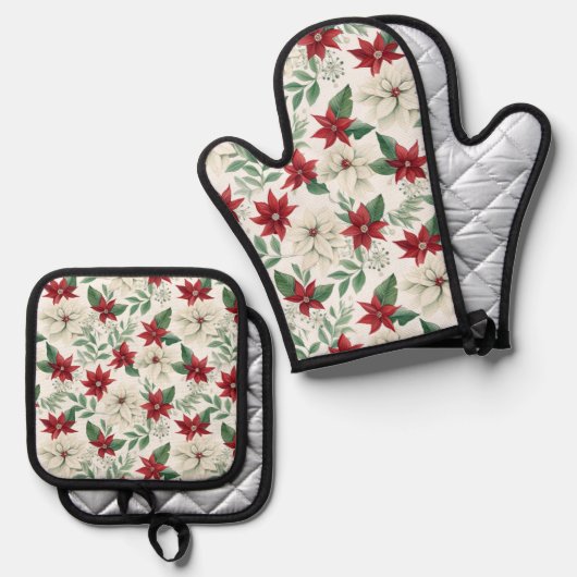 クリスマスフローラオーブンミットとマッチングポットホールデ 鍋つかみ&鍋敷きセット (正面/裏面)