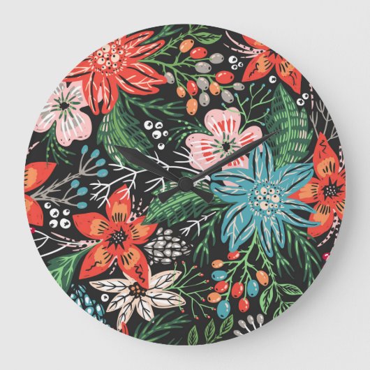 クリスマスフローラカラフルパターン ラージ壁時計 (正面)