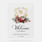 クリスマスフローラクレストモノグラム結婚の歓迎 アクリルサイン (正面)
