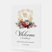 クリスマスフローラクレストモノグラム結婚の歓迎 アクリルサイン (傾斜)