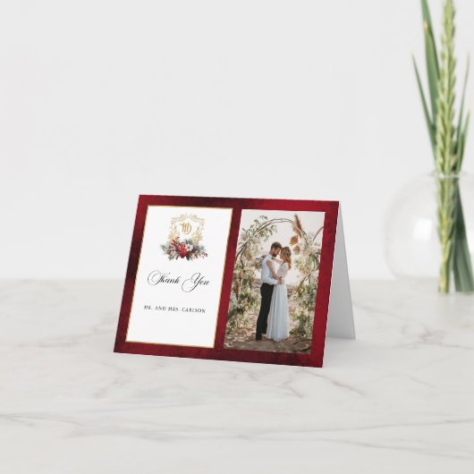 クリスマスフローラクレストモノグラム結婚写真 サンキューカード (正面)