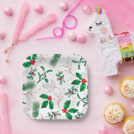 クリスマスフローラグリーンフェスティバルウィンターホリデー ペーパープレート (パーティー)