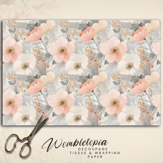 クリスマスフローラパステルピーチ&グレーウォーターカラー 薄葉紙