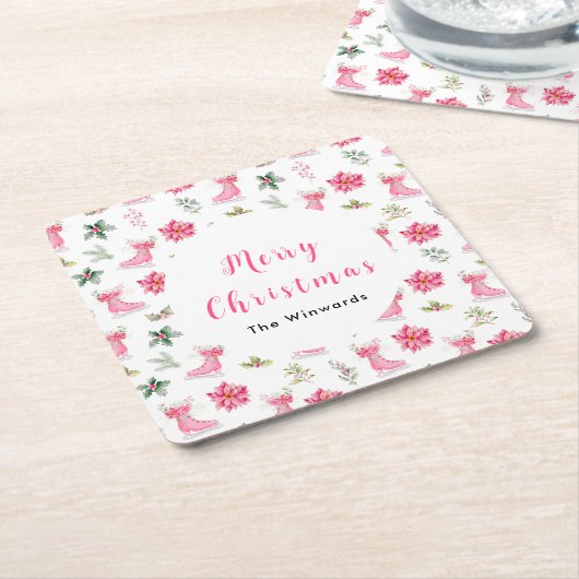 クリスマスフローラピンクアイススケートメリークリスマス スクエアペーパーコースター (アングル)