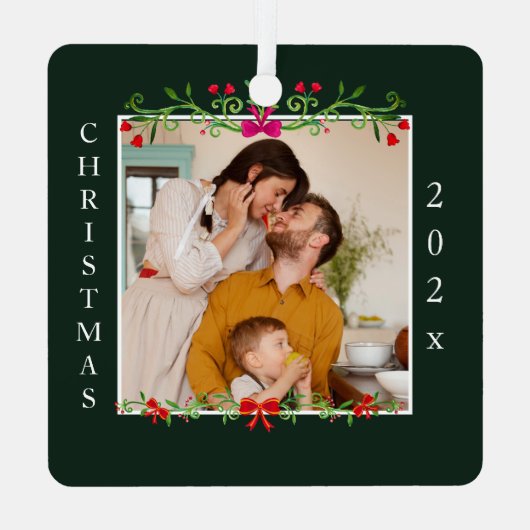 クリスマスフローラフレームかわいいカスタム家族の写真 メタルオーナメント (裏面)