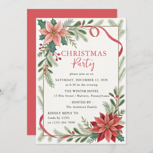 クリスマスフローラフレームホリデーパーティー 招待状 (正面/裏面)