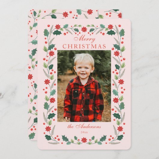 クリスマスフローラフレーム写真ピンク シーズンカード (正面/裏面)