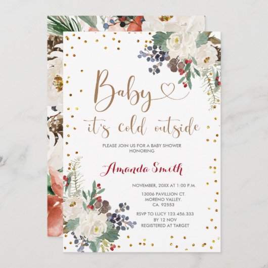 クリスマスフローラベビーシャワー外は寒い 招待状 (正面/裏面)