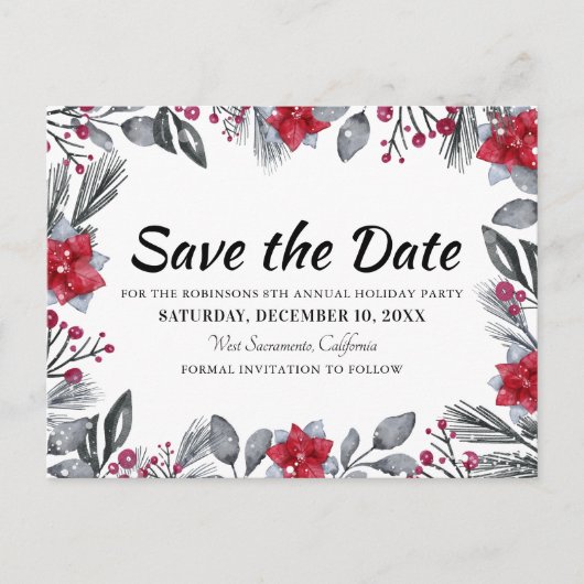 クリスマスフローラホリデーパーティー日付を保存 案内ポストカード (正面)