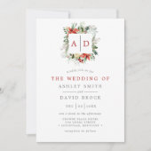 クリスマスフローラモノグラムレッドとグリーン結婚ズ 招待状 (正面)