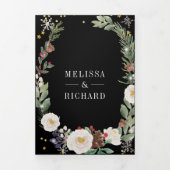 クリスマスフローラモノグラムQRコードブラック結婚ズ 三つ折り招待状 (カバー)