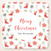 クリスマスフローラレッドアイスはメリークリスマスをスケート スクエアペーパーコースター (正面)