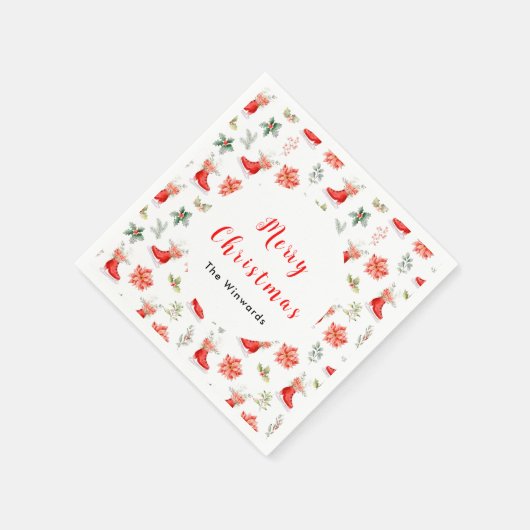 クリスマスフローラレッドアイスはメリークリスマスをスケート スタンダードカクテルナプキン (角)