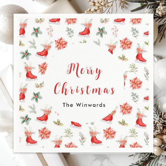 クリスマスフローラレッドアイスはメリークリスマスをスケート スタンダードカクテルナプキン