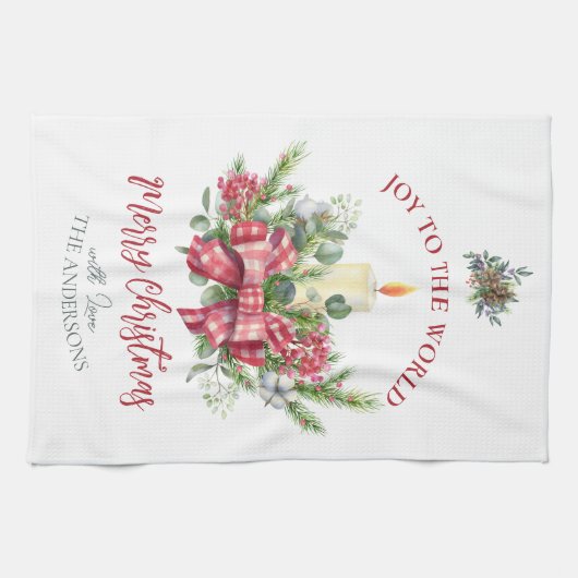 クリスマスフローラ世界のキャンドルボウへの喜び キッチンタオル (横)