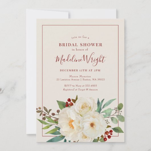 クリスマスフローラ水彩ブライダルシャワー 招待状 (正面)