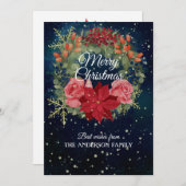 クリスマスフローラ水色リース赤ポインセチア シーズンカード (正面/裏面)