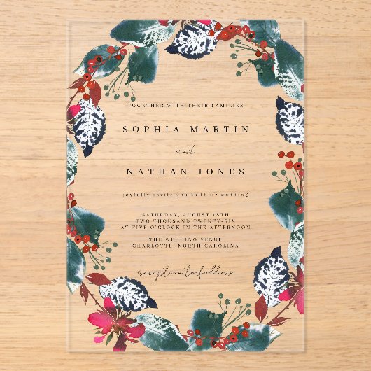 クリスマスフローラ澄んリーフ結婚のアクリル アクリル招待状 (正面)