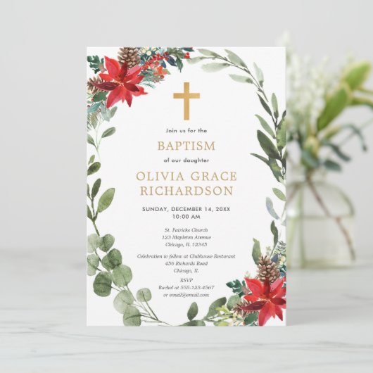 クリスマスフローラ赤い緑のリースバプテスマ 招待状 (スタンド正面)