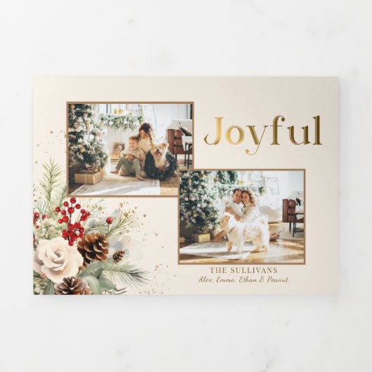 クリスマスフローラ金ゴールドうれしそうな数々の文字 – 写真 三つ折りクリスマスカード (カバー)