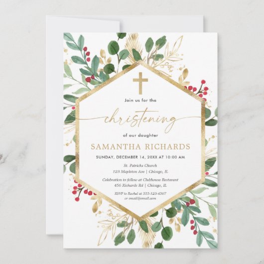 クリスマスフローラ《キリスト教》洗礼式や命名式赤い緑金ゴールド 招待状 (正面)
