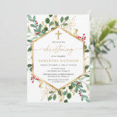 クリスマスフローラ《キリスト教》洗礼式や命名式赤い緑金ゴールド 招待状 (スタンド正面)