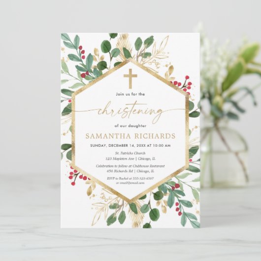 クリスマスフローラ《キリスト教》洗礼式や命名式赤い緑金ゴールド 招待状 (スタンド正面)