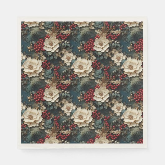 クリスマスフローラ(白い花と緑) スタンダードランチョンナプキン (正面)