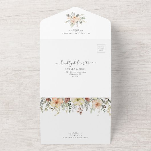 クリスマスフローラQR RSVPゴールドフォイル冬の結婚式 オールインワン招待状 (外側)