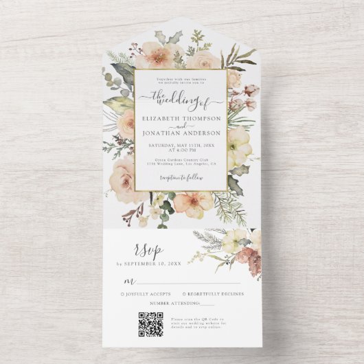 クリスマスフローラQR RSVPゴールドフォイル冬の結婚式 オールインワン招待状 (内側)