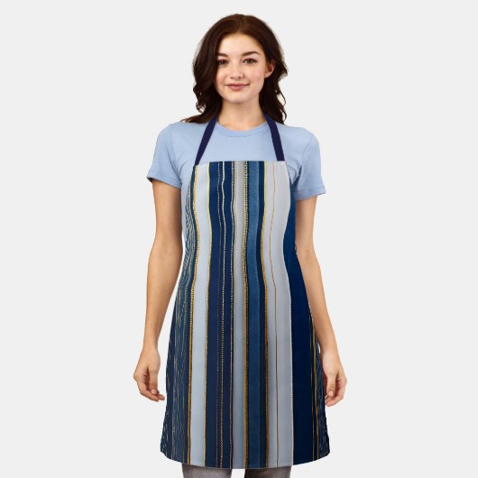 クリスマスブストライプルーズブルーホワイト金ゴールド エプロン (着用した状態)