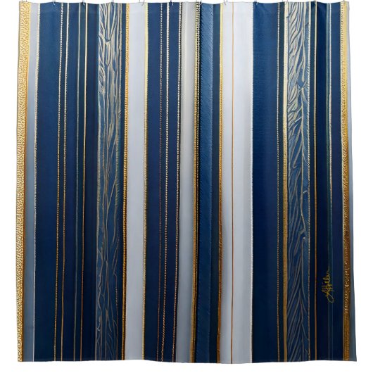 クリスマスブストライプルーズブルーホワイト金ゴールド シャワーカーテン (正面)