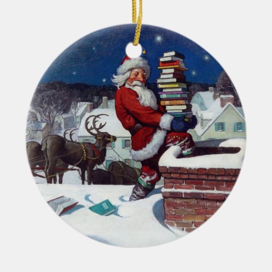 クリスマスブックを届けるサンタクロース セラミックオーナメント (正面)