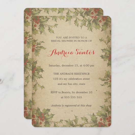 クリスマスブライダルシャワーホリデーテーマ素朴 招待状 (正面/裏面)