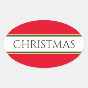 クリスマスブライトレッドグリーンホワイトレースストライプズ 楕円形シール